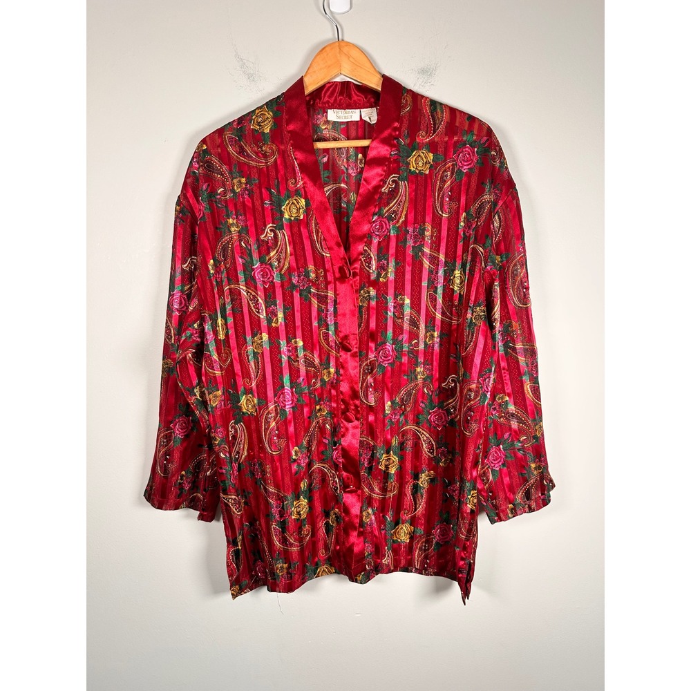 Victoria's Secret Pajama Top Women Medium burgundy Floral Vintage Gold Label - Picture 1 of 6